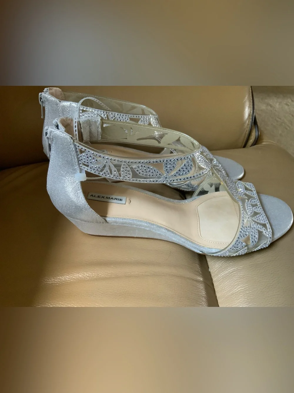 Alex Marie Silver Embellished T-Strap Wedge Sandals